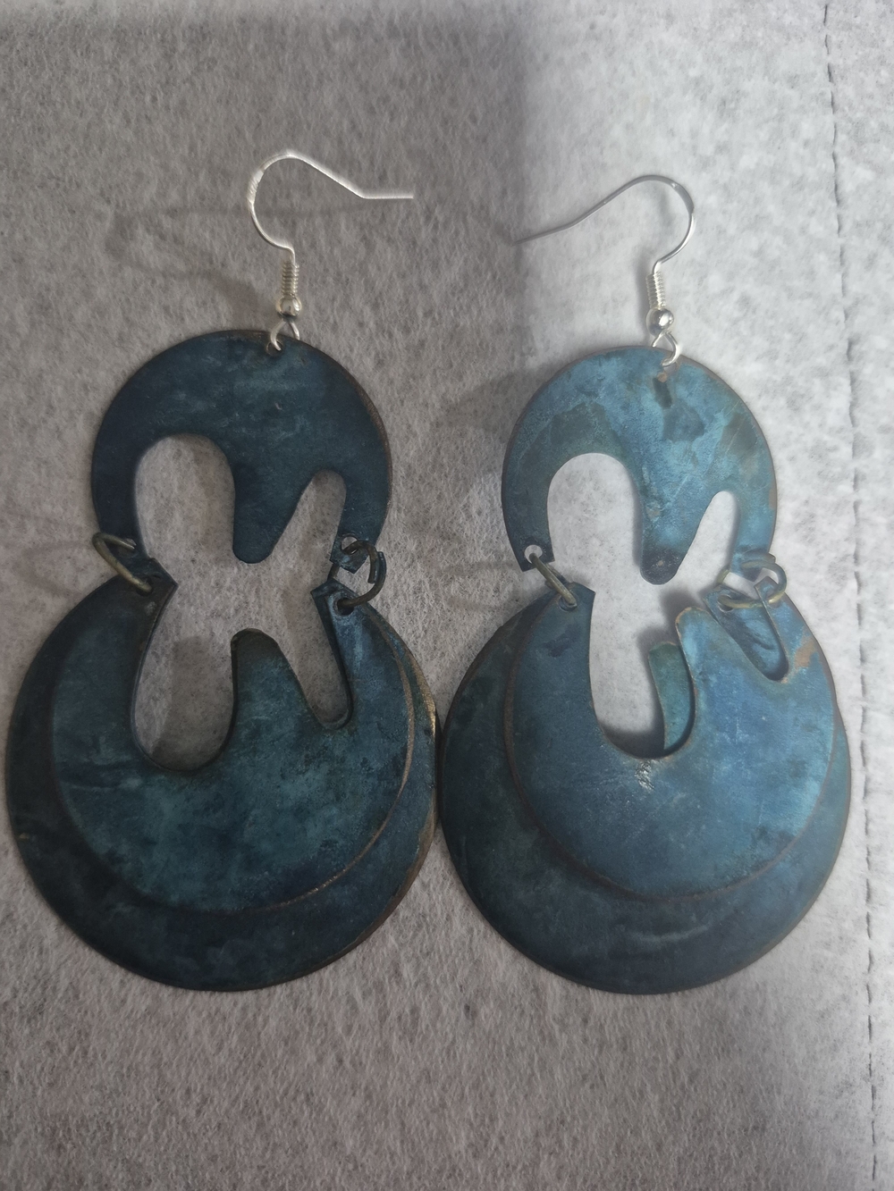 Vintage Blue Green Patina Earrings, Large Abstract Cutout, Replaced Ear Wires